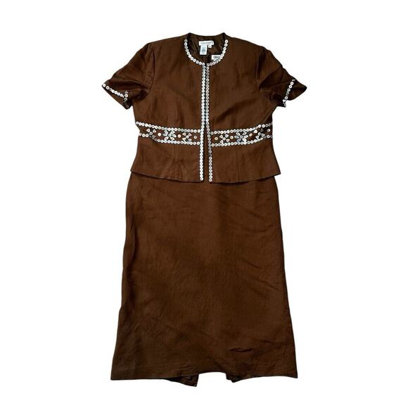Coldwater Creek 2 Pc Jacket Sheath Dress Jacket Linen Embellished Brown Size 16 - Picture 1 of 10